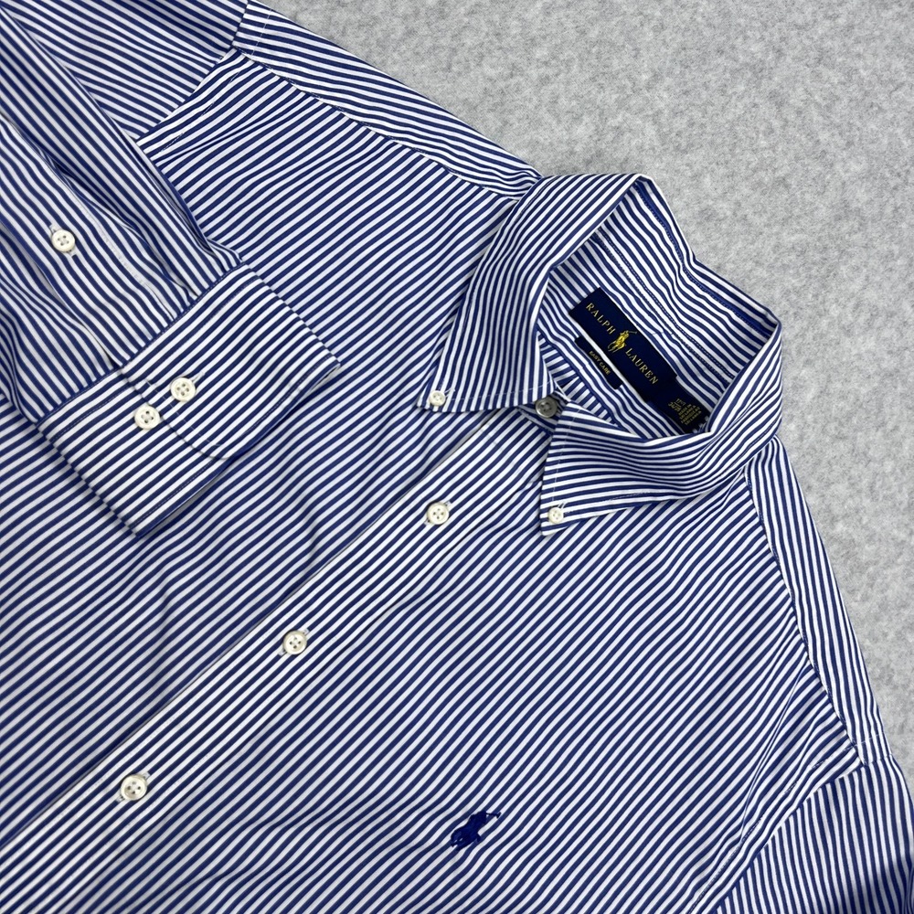 Ralph Lauren Dress Shirt Men's 17.5 Blue Striped Easy Care Long Sleeve Button Up
